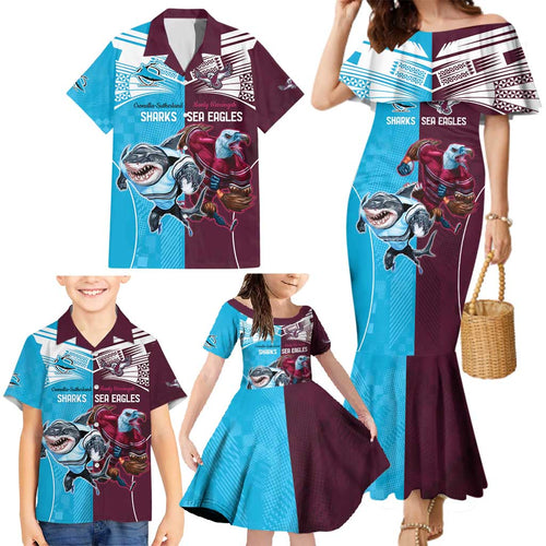 Custom Sea Eagles And Sharks Rugby Family Matching Mermaid Dress and Hawaiian Shirt Sporty Style