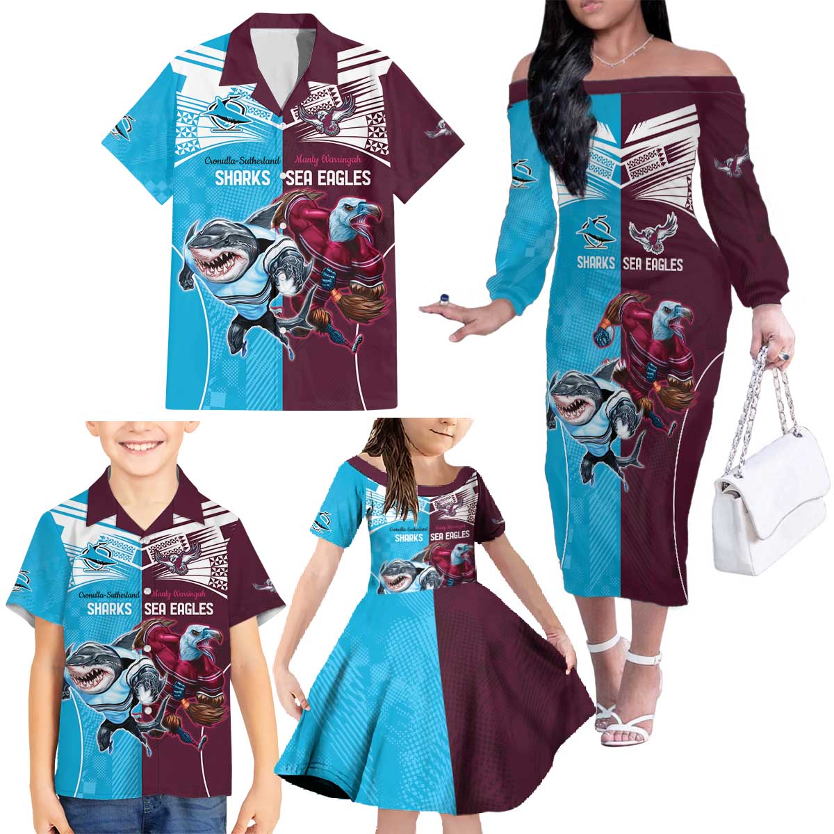 Custom Sea Eagles And Sharks Rugby Family Matching Off The Shoulder Long Sleeve Dress and Hawaiian Shirt Sporty Style