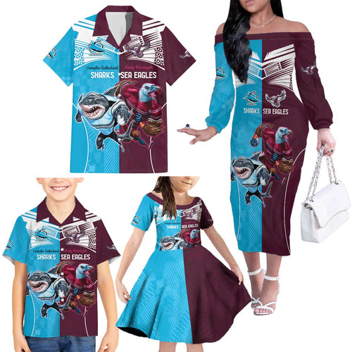 Custom Sea Eagles And Sharks Rugby Family Matching Off The Shoulder Long Sleeve Dress and Hawaiian Shirt Sporty Style