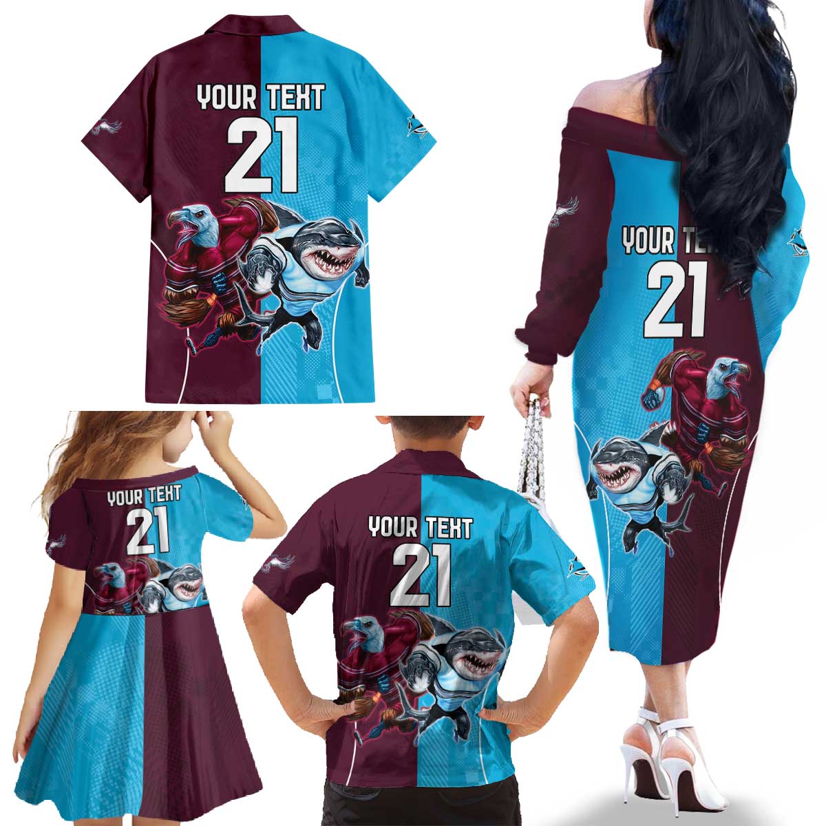 Custom Sea Eagles And Sharks Rugby Family Matching Off The Shoulder Long Sleeve Dress and Hawaiian Shirt Sporty Style