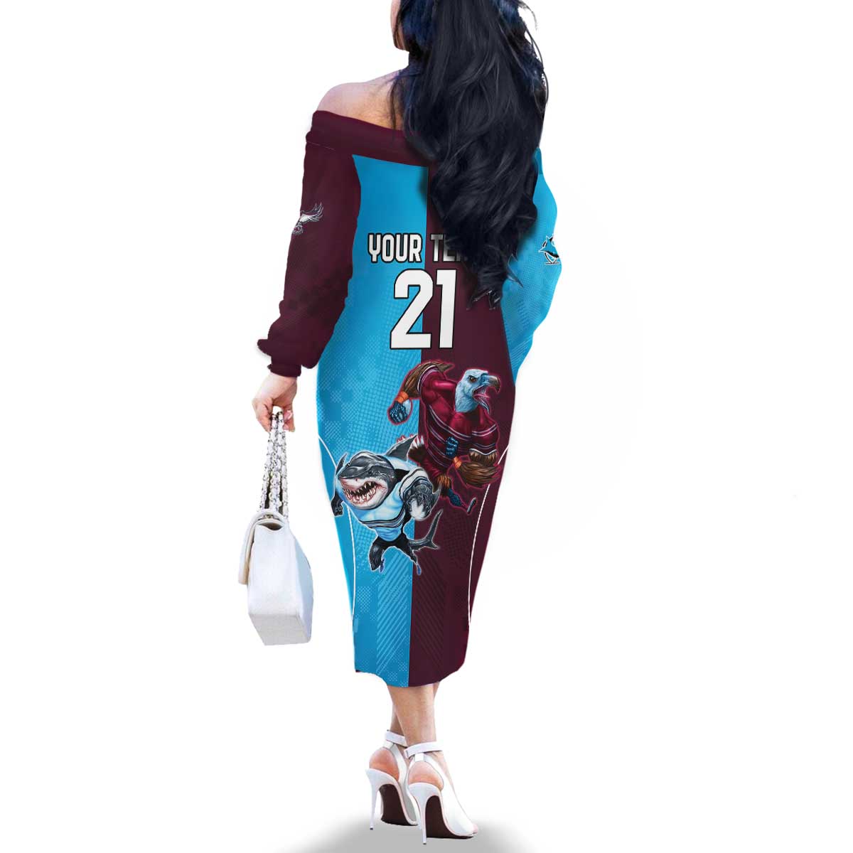 Custom Sea Eagles And Sharks Rugby Family Matching Off The Shoulder Long Sleeve Dress and Hawaiian Shirt Sporty Style