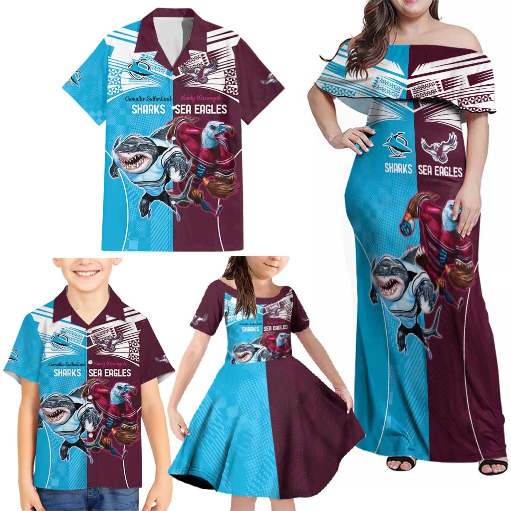 Custom Sea Eagles And Sharks Rugby Family Matching Off Shoulder Maxi Dress and Hawaiian Shirt Sporty Style
