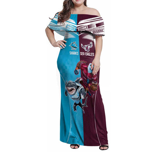 Custom Sea Eagles And Sharks Rugby Family Matching Off Shoulder Maxi Dress and Hawaiian Shirt Sporty Style