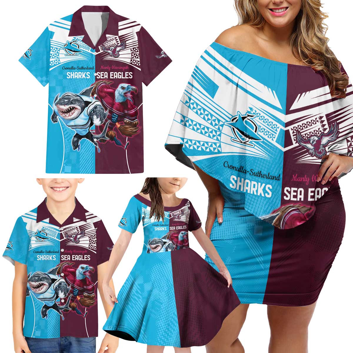 Custom Sea Eagles And Sharks Rugby Family Matching Off Shoulder Short Dress and Hawaiian Shirt Sporty Style