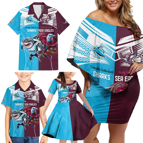 Custom Sea Eagles And Sharks Rugby Family Matching Off Shoulder Short Dress and Hawaiian Shirt Sporty Style