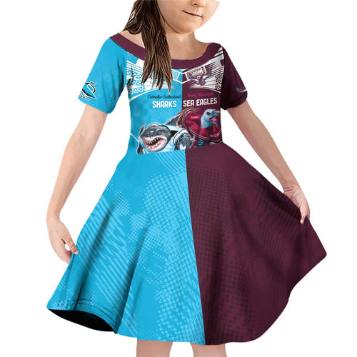 Custom Sea Eagles And Sharks Rugby Family Matching Off Shoulder Short Dress and Hawaiian Shirt Sporty Style