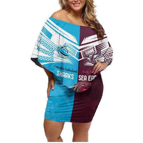 Custom Sea Eagles And Sharks Rugby Family Matching Off Shoulder Short Dress and Hawaiian Shirt Sporty Style