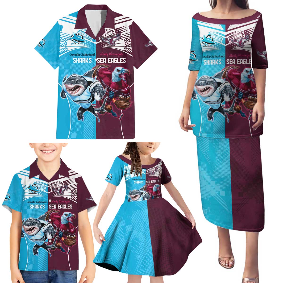 Custom Sea Eagles And Sharks Rugby Family Matching Puletasi and Hawaiian Shirt Sporty Style