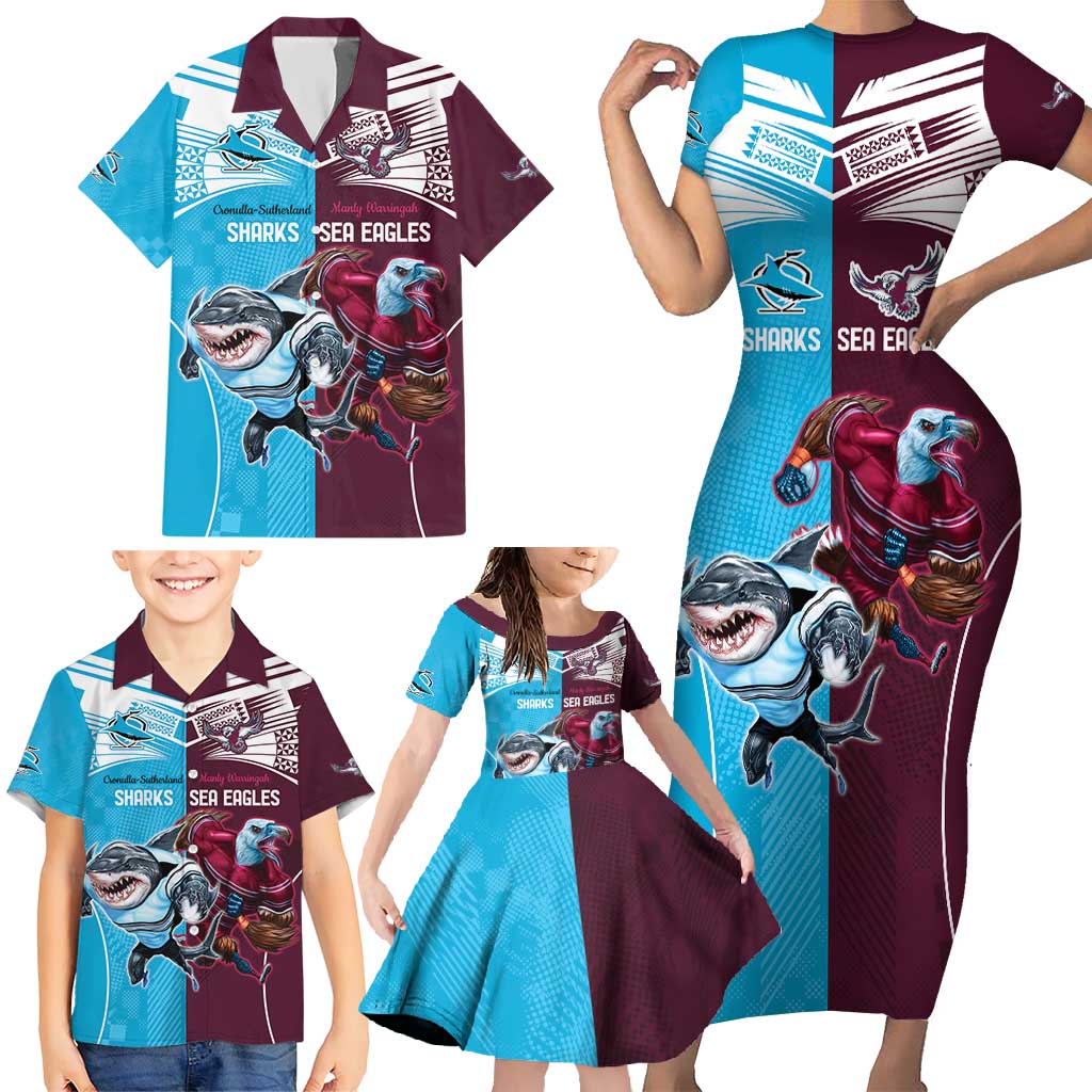 Custom Sea Eagles And Sharks Rugby Family Matching Short Sleeve Bodycon Dress and Hawaiian Shirt Sporty Style