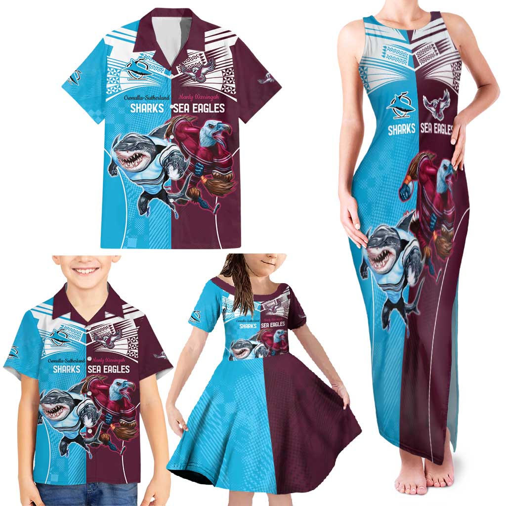 Custom Sea Eagles And Sharks Rugby Family Matching Tank Maxi Dress and Hawaiian Shirt Sporty Style