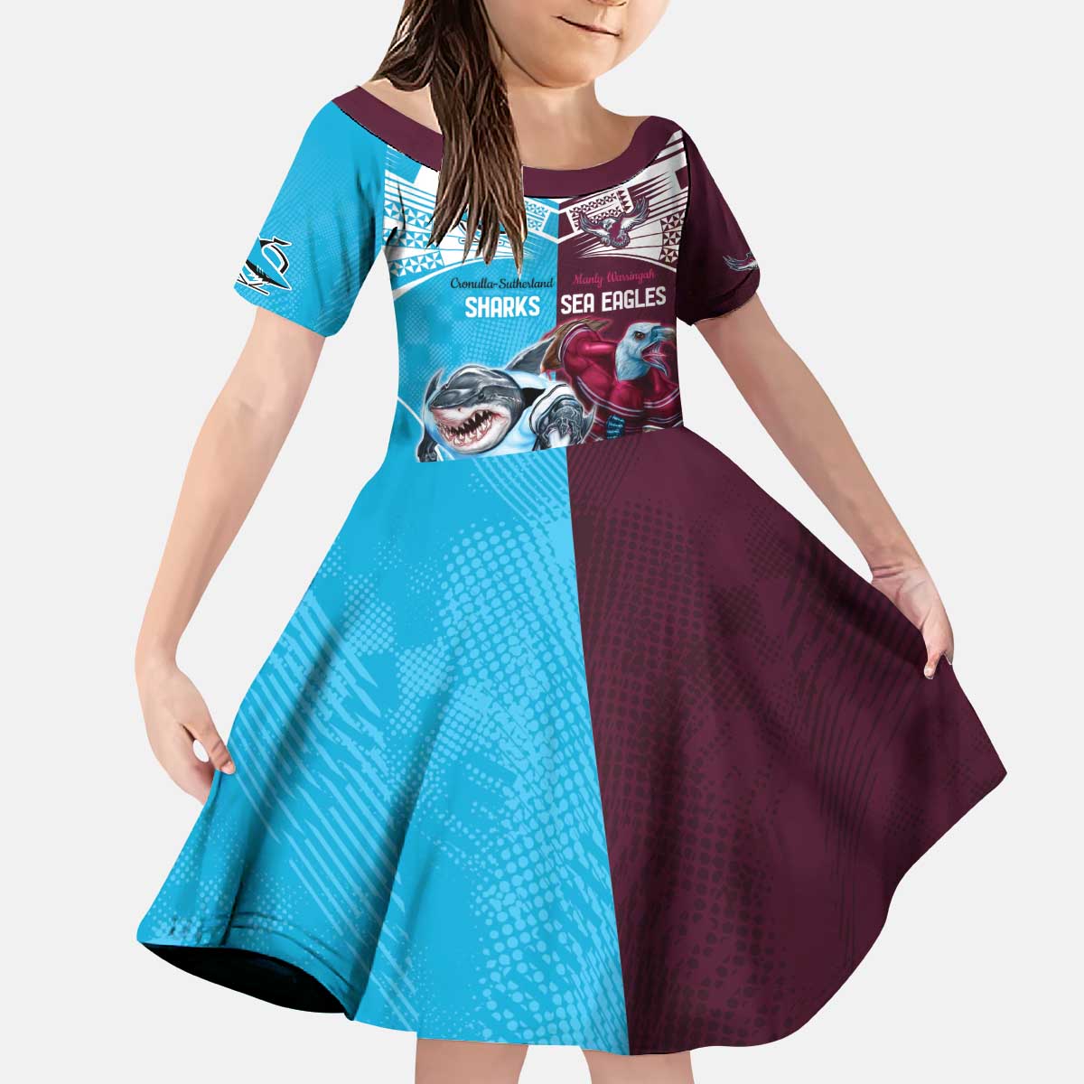 Custom Sea Eagles And Sharks Rugby Kid Short Sleeve Dress Sporty Style