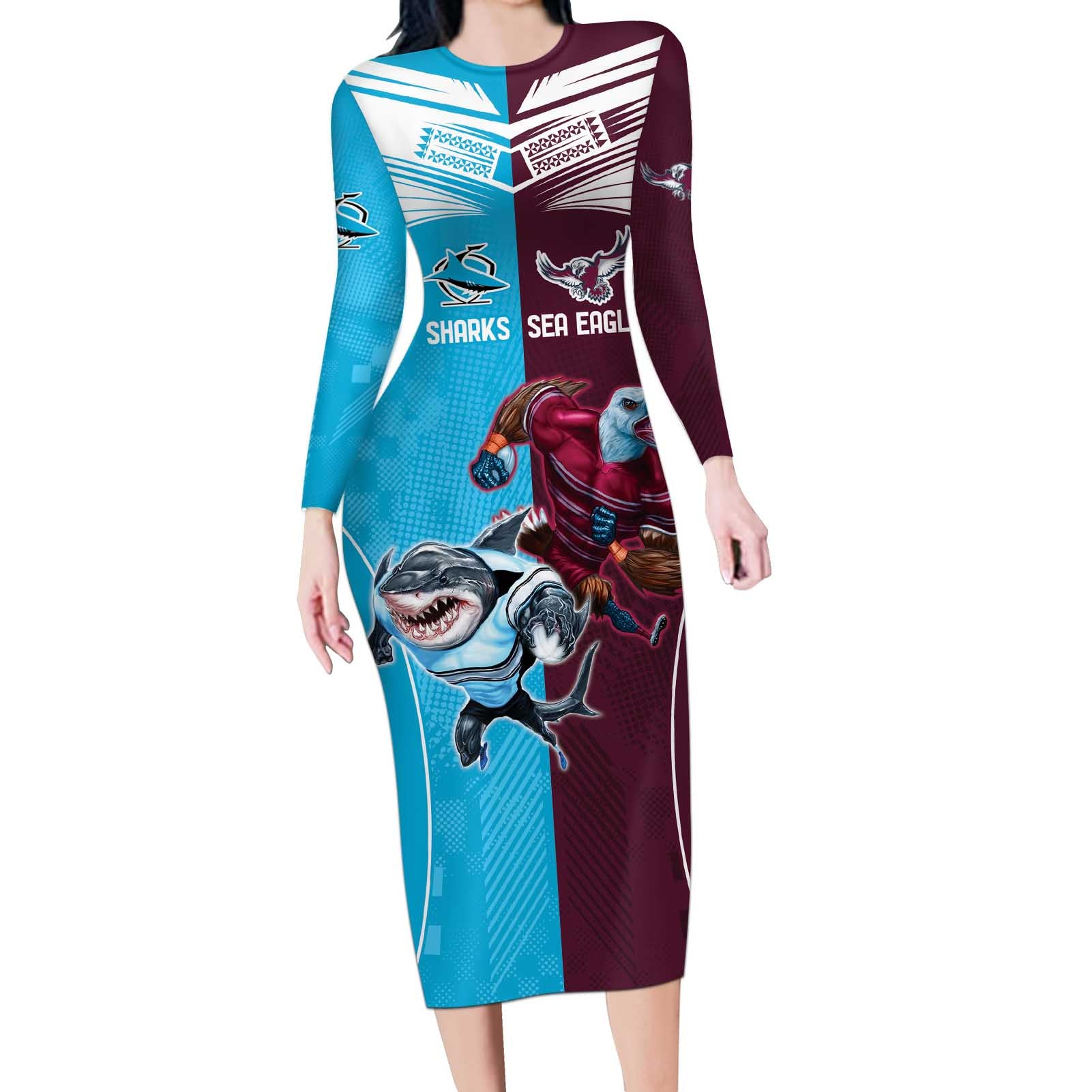 Custom Sea Eagles And Sharks Rugby Long Sleeve Bodycon Dress Sporty Style