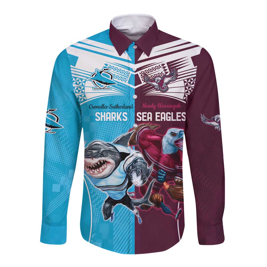 Custom Sea Eagles And Sharks Rugby Long Sleeve Button Shirt Sporty Style