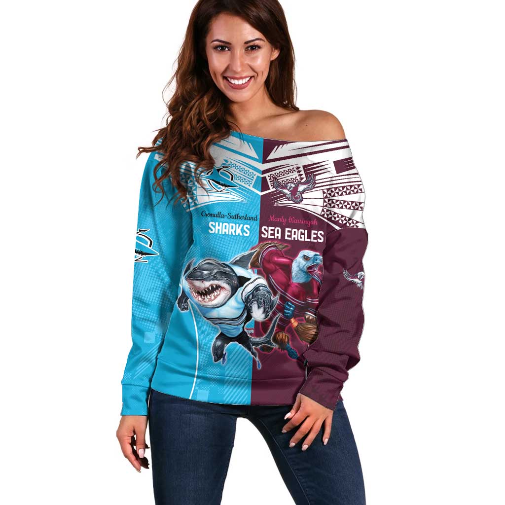 Custom Sea Eagles And Sharks Rugby Off Shoulder Sweater Sporty Style