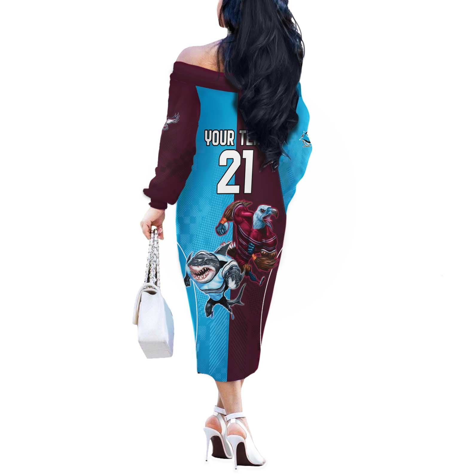 Custom Sea Eagles And Sharks Rugby Off The Shoulder Long Sleeve Dress Sporty Style