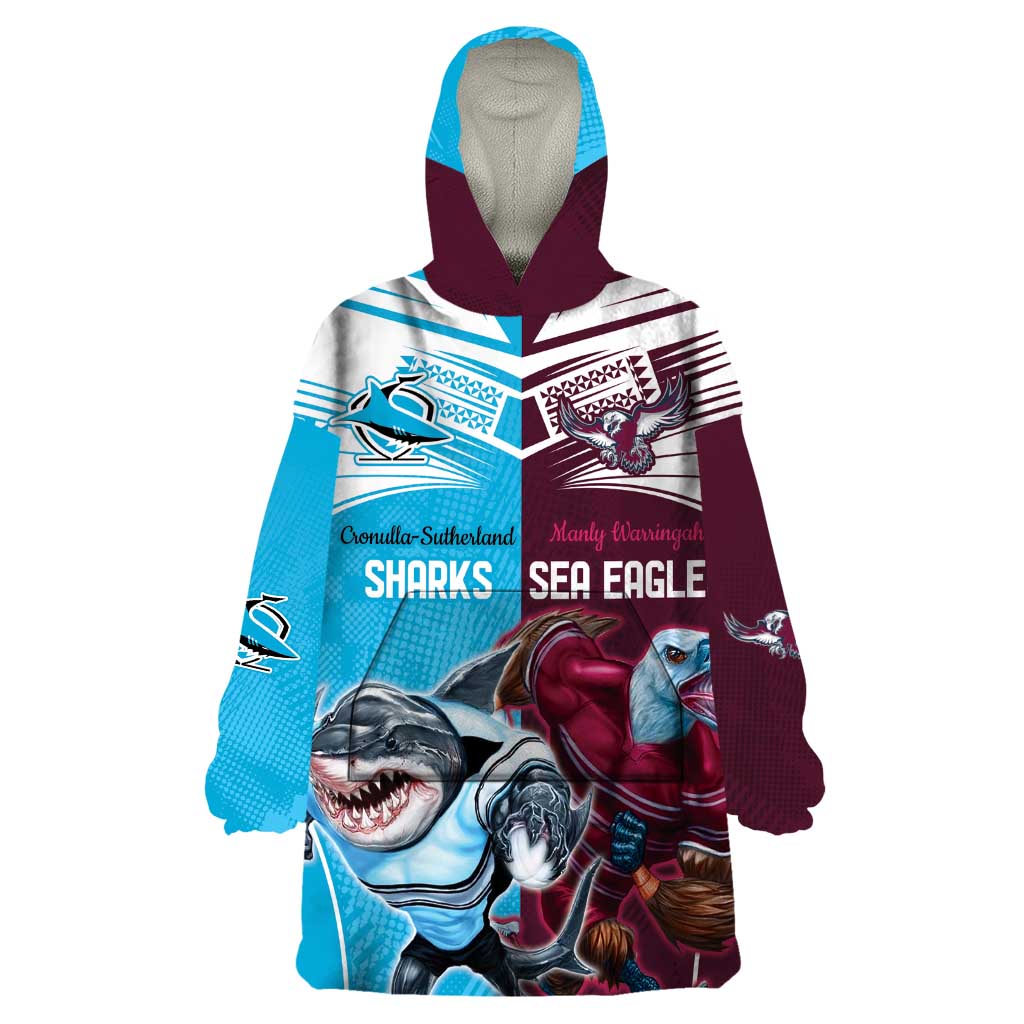 Custom Sea Eagles And Sharks Rugby Wearable Blanket Hoodie Sporty Style