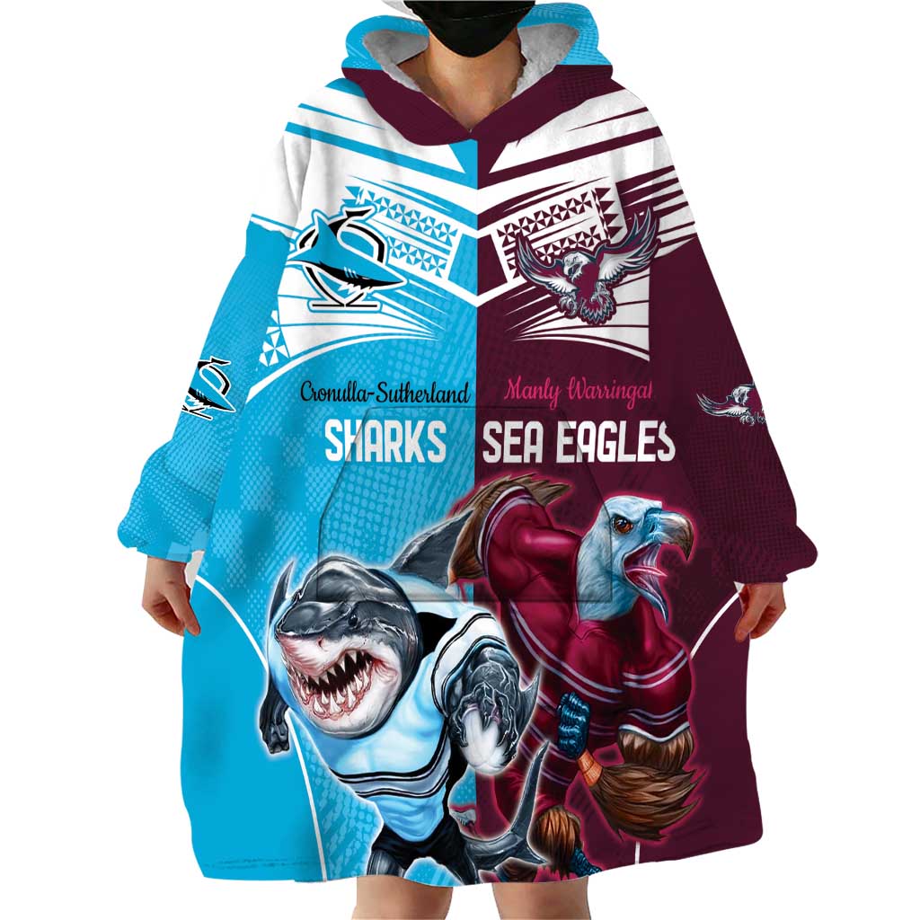Custom Sea Eagles And Sharks Rugby Wearable Blanket Hoodie Sporty Style
