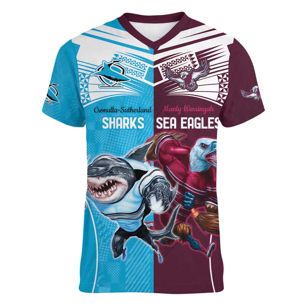 Custom Sea Eagles And Sharks Rugby Women V-Neck T-Shirt Sporty Style