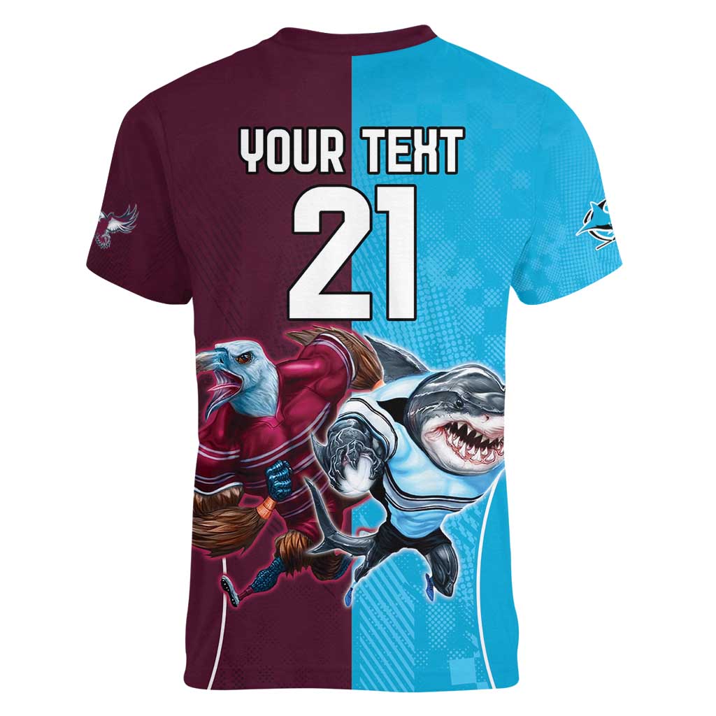 Custom Sea Eagles And Sharks Rugby Women V-Neck T-Shirt Sporty Style