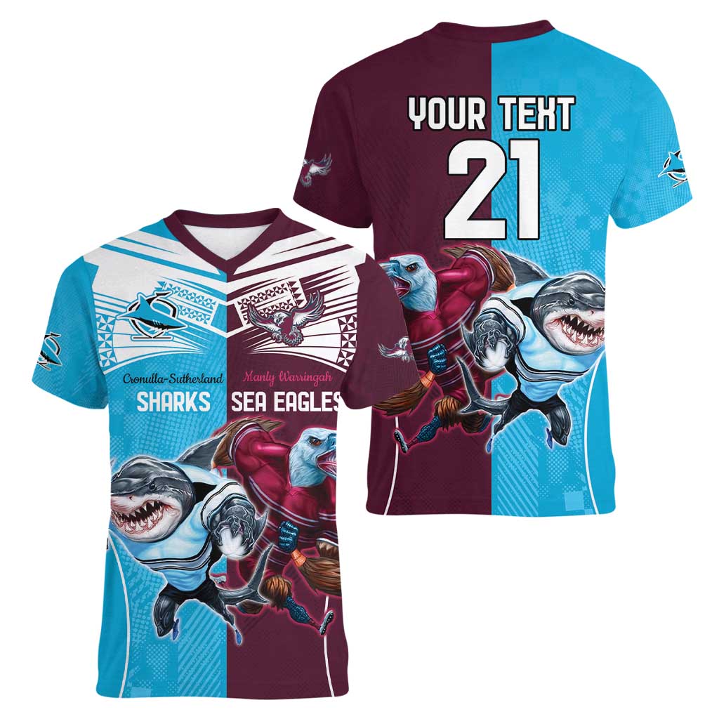 Custom Sea Eagles And Sharks Rugby Women V-Neck T-Shirt Sporty Style