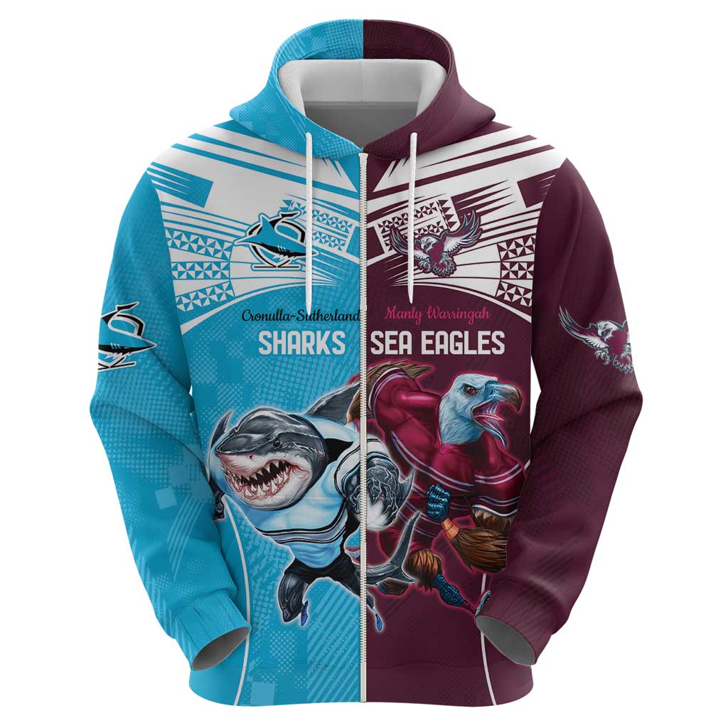 Custom Sea Eagles And Sharks Rugby Zip Hoodie Sporty Style