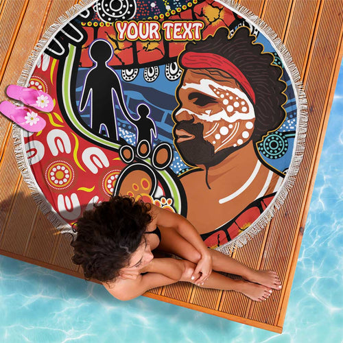 Dad and Son Footprint Father's Day Personalised Beach Blanket Australian Aboriginal Art