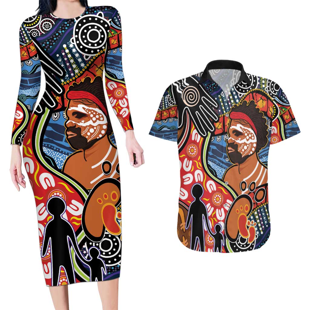 Dad and Son Footprint Father's Day Personalised Couples Matching Long Sleeve Bodycon Dress and Hawaiian Shirt Australian Aboriginal Art