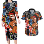 Dad and Son Footprint Father's Day Personalised Couples Matching Long Sleeve Bodycon Dress and Hawaiian Shirt Australian Aboriginal Art