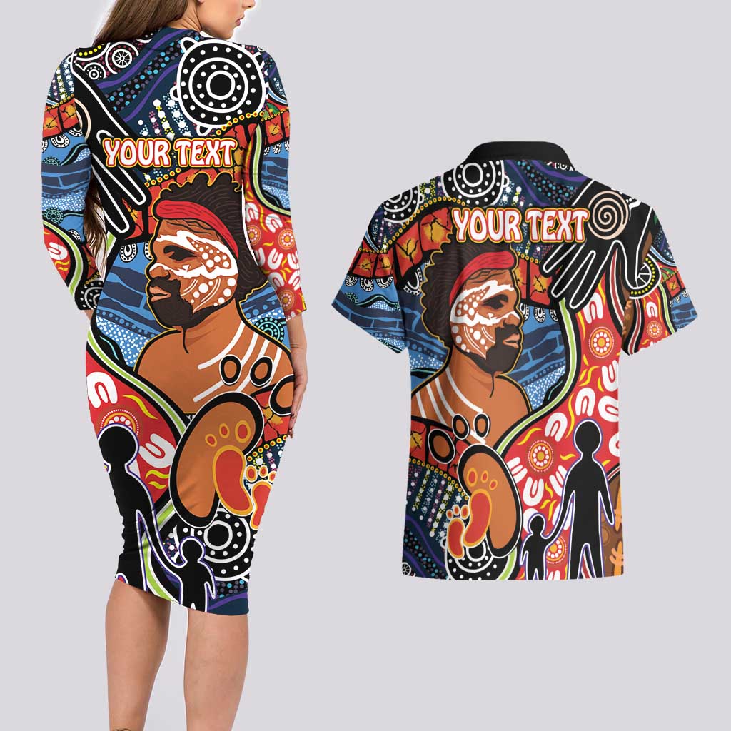 Dad and Son Footprint Father's Day Personalised Couples Matching Long Sleeve Bodycon Dress and Hawaiian Shirt Australian Aboriginal Art