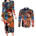 Dad and Son Footprint Father's Day Personalised Couples Matching Long Sleeve Bodycon Dress and Long Sleeve Button Shirt Australian Aboriginal Art