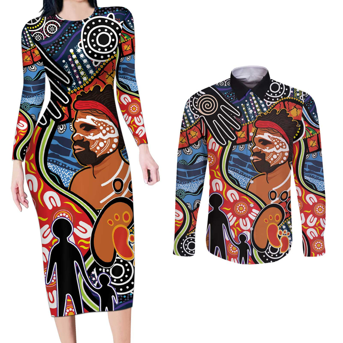 Dad and Son Footprint Father's Day Personalised Couples Matching Long Sleeve Bodycon Dress and Long Sleeve Button Shirt Australian Aboriginal Art
