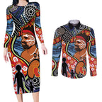 Dad and Son Footprint Father's Day Personalised Couples Matching Long Sleeve Bodycon Dress and Long Sleeve Button Shirt Australian Aboriginal Art
