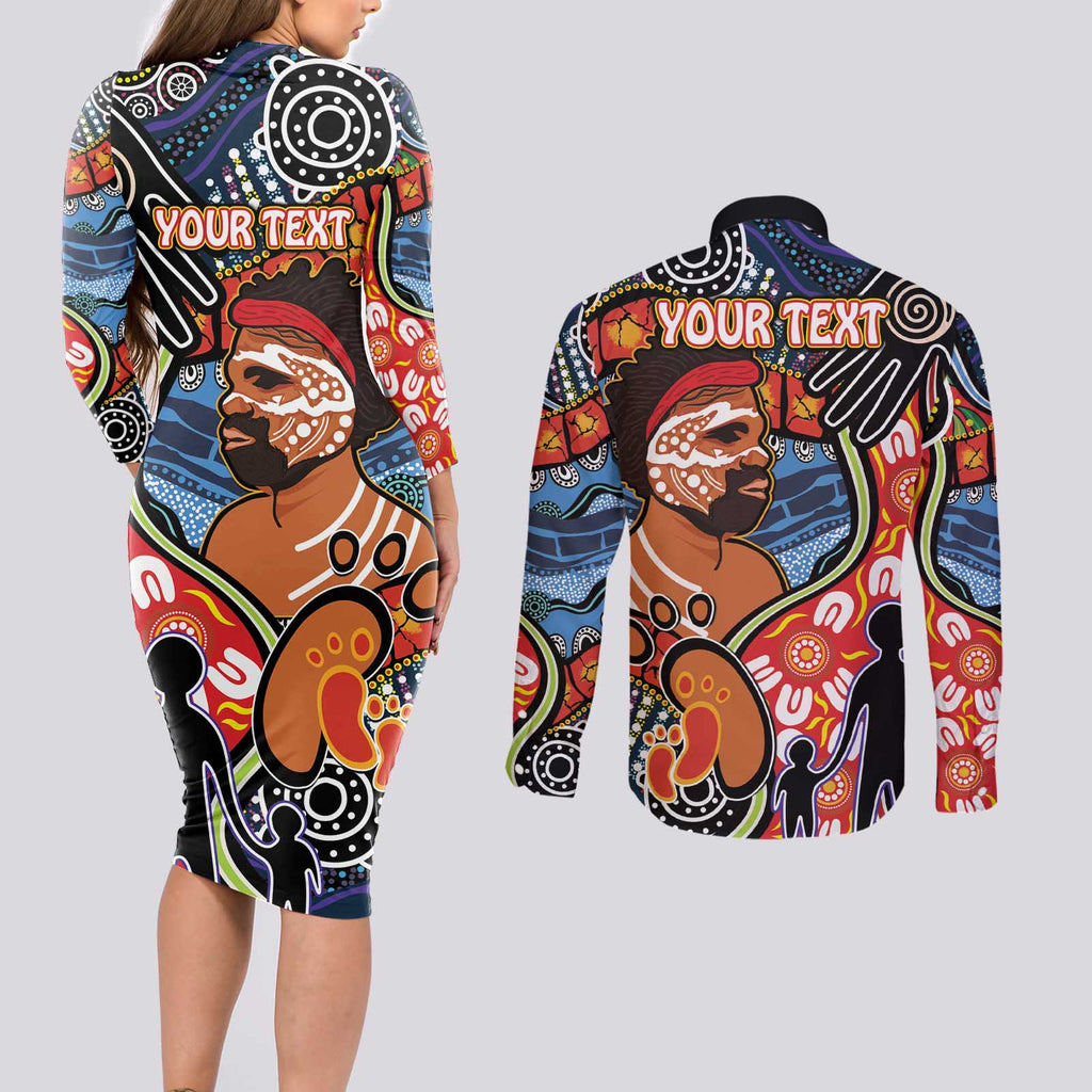Dad and Son Footprint Father's Day Personalised Couples Matching Long Sleeve Bodycon Dress and Long Sleeve Button Shirt Australian Aboriginal Art