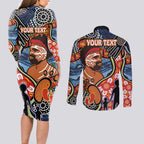 Dad and Son Footprint Father's Day Personalised Couples Matching Long Sleeve Bodycon Dress and Long Sleeve Button Shirt Australian Aboriginal Art
