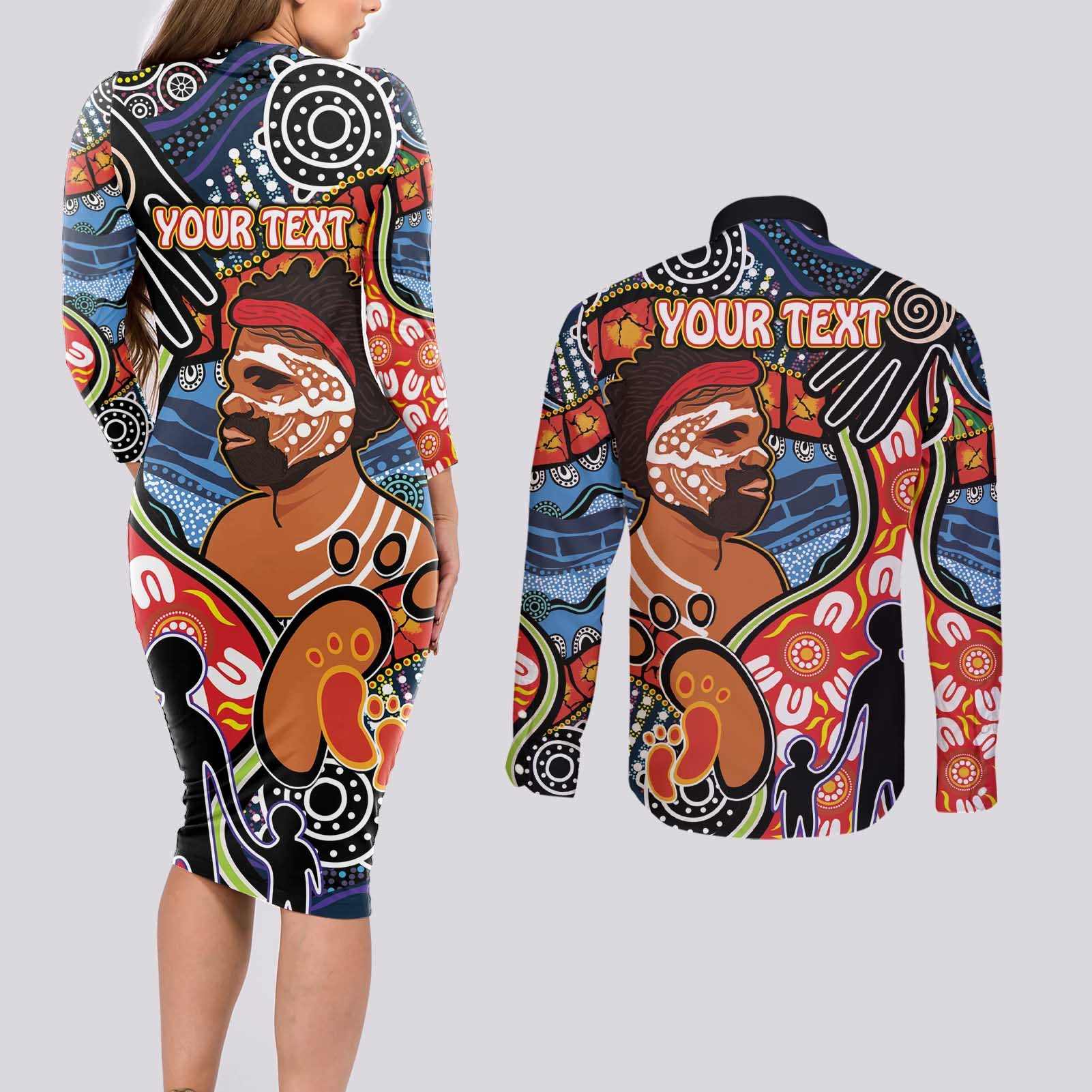 Dad and Son Footprint Father's Day Personalised Couples Matching Long Sleeve Bodycon Dress and Long Sleeve Button Shirt Australian Aboriginal Art