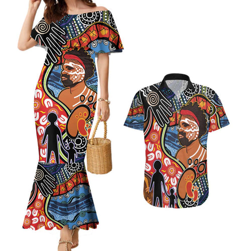 Dad and Son Footprint Father's Day Personalised Couples Matching Mermaid Dress and Hawaiian Shirt Australian Aboriginal Art