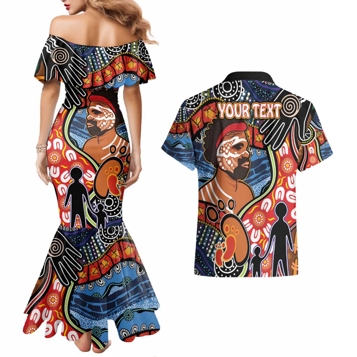 Dad and Son Footprint Father's Day Personalised Couples Matching Mermaid Dress and Hawaiian Shirt Australian Aboriginal Art
