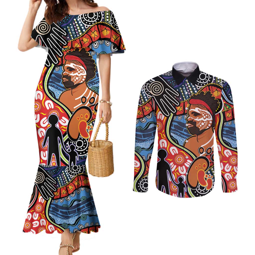 Dad and Son Footprint Father's Day Personalised Couples Matching Mermaid Dress and Long Sleeve Button Shirt Australian Aboriginal Art