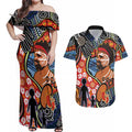 Dad and Son Footprint Father's Day Personalised Couples Matching Off Shoulder Maxi Dress and Hawaiian Shirt Australian Aboriginal Art