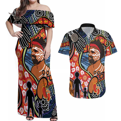 Dad and Son Footprint Father's Day Personalised Couples Matching Off Shoulder Maxi Dress and Hawaiian Shirt Australian Aboriginal Art