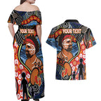 Dad and Son Footprint Father's Day Personalised Couples Matching Off Shoulder Maxi Dress and Hawaiian Shirt Australian Aboriginal Art