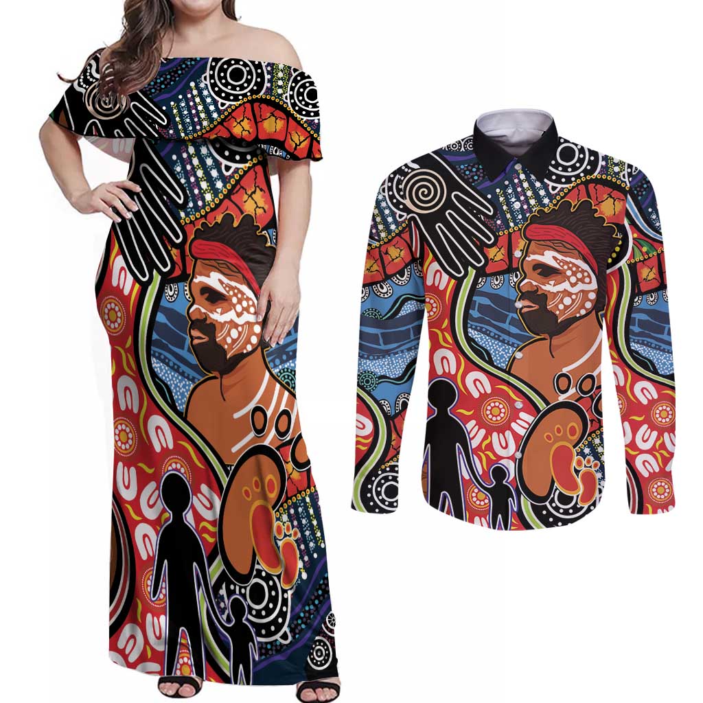 Dad and Son Footprint Father's Day Personalised Couples Matching Off Shoulder Maxi Dress and Long Sleeve Button Shirt Australian Aboriginal Art