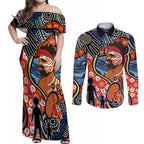 Dad and Son Footprint Father's Day Personalised Couples Matching Off Shoulder Maxi Dress and Long Sleeve Button Shirt Australian Aboriginal Art