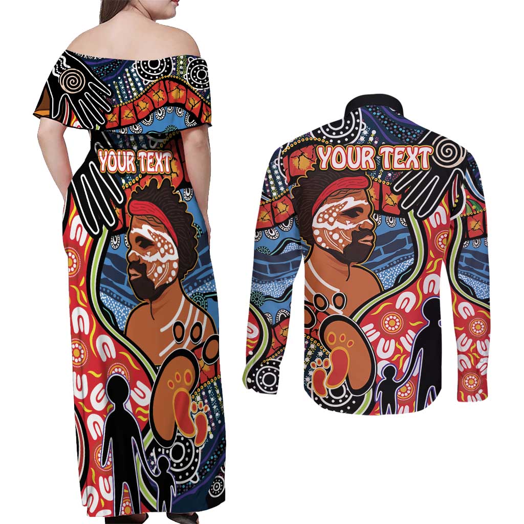 Dad and Son Footprint Father's Day Personalised Couples Matching Off Shoulder Maxi Dress and Long Sleeve Button Shirt Australian Aboriginal Art