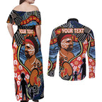 Dad and Son Footprint Father's Day Personalised Couples Matching Off Shoulder Maxi Dress and Long Sleeve Button Shirt Australian Aboriginal Art