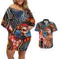 Dad and Son Footprint Father's Day Personalised Couples Matching Off Shoulder Short Dress and Hawaiian Shirt Australian Aboriginal Art
