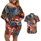 Dad and Son Footprint Father's Day Personalised Couples Matching Off Shoulder Short Dress and Hawaiian Shirt Australian Aboriginal Art