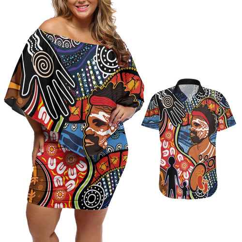 Dad and Son Footprint Father's Day Personalised Couples Matching Off Shoulder Short Dress and Hawaiian Shirt Australian Aboriginal Art