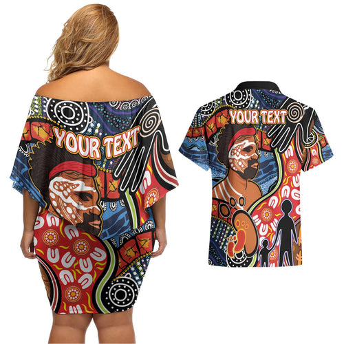 Dad and Son Footprint Father's Day Personalised Couples Matching Off Shoulder Short Dress and Hawaiian Shirt Australian Aboriginal Art