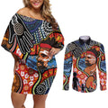 Dad and Son Footprint Father's Day Personalised Couples Matching Off Shoulder Short Dress and Long Sleeve Button Shirt Australian Aboriginal Art